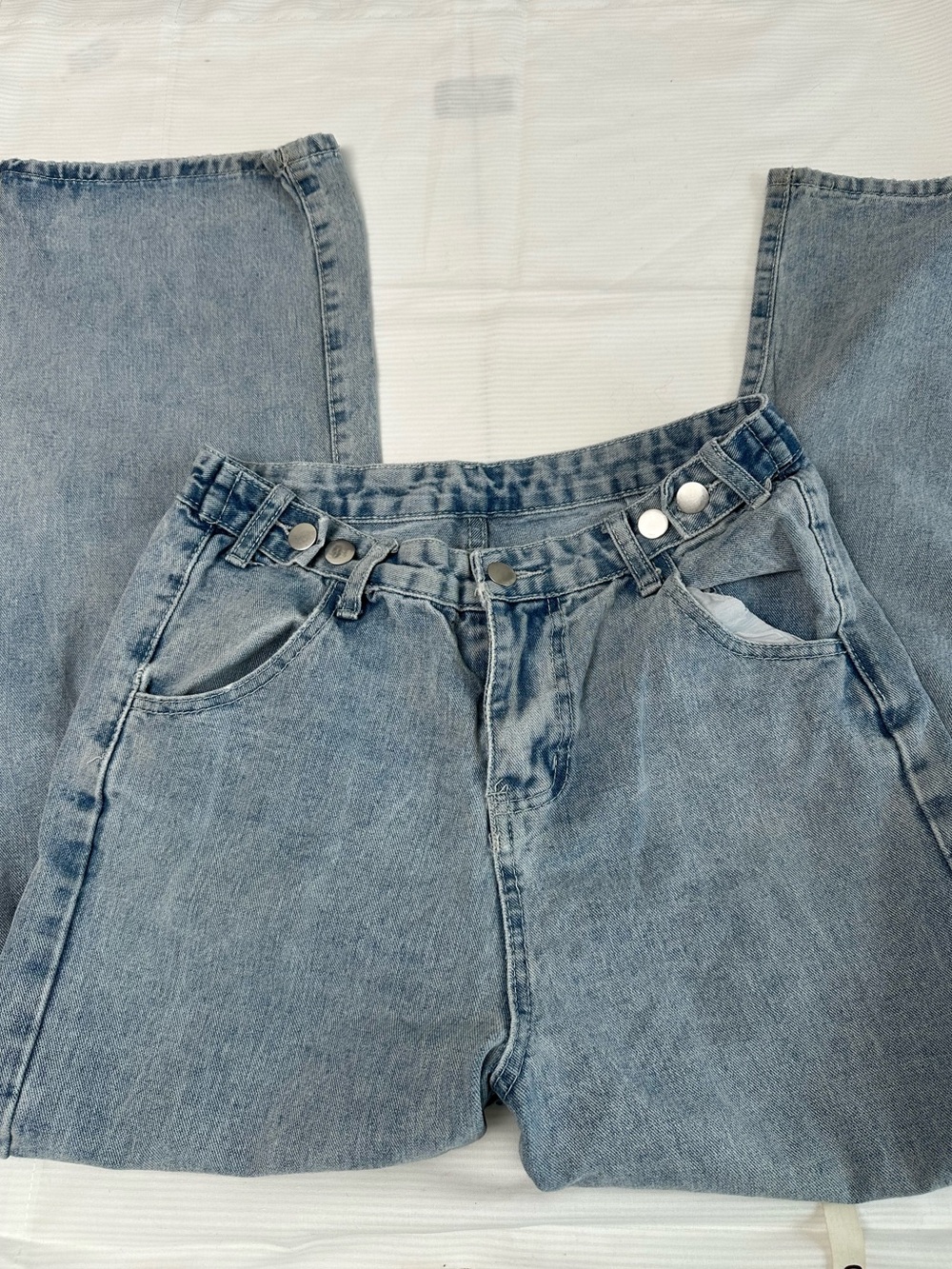 Y2K inspired Double Waist Wide Leg Jeans Light Wash Adjustable Snap Denim
